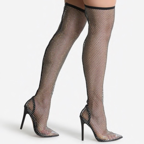 Embellished Fishnet Thigh Hi Boots - Picture 6 of 16